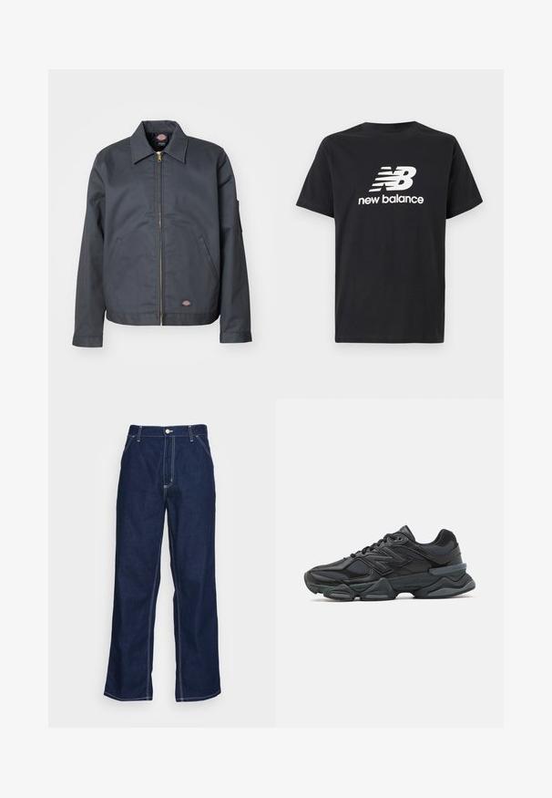 Tumši pelēks žakets, kas izgatavots no izturīgas auduma. Tam ir apkakle, priekšējais rāvējslēdzis, sānu kabatas un neliels logo apakšējā priekšpusē. Gluda tekstūra.; Melnas kokvilnas T-krekls ar balto New Balance logotipu un grafisko dizainu uz priekšpuses. Īsas piedurknes un apaļa kakla izgriezuma forma.; Tumši zili džinsu bikses ar platajām kājām, ar augsto jostas daļu, priekšējām kabatām un kontrastējošām baltām šuvēm.; Melna skriešanas apavi ar jauktu acu audumu un sintētiskiem materiāliem, masīvu zoli, izliekta dizaina elementiem un izteiktu zīmola logotipu uz sāniem.