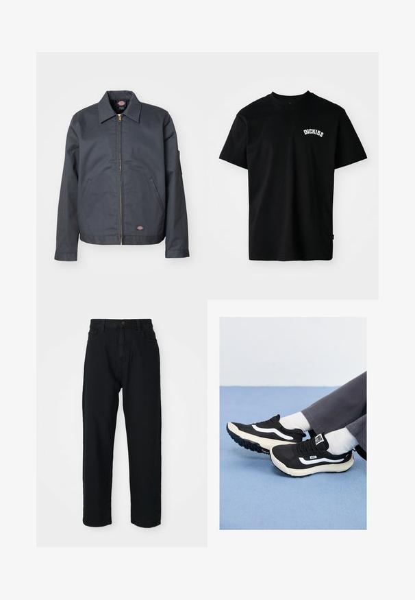 Tamsiai pilkas švarkas, pagamintas iš tvirto audinio. Yra apykaklė, priekinis užtrauktukas, šoniniai kišeniai ir mažas logotipas apatinėje priekinėje dalyje. Sklandus paviršius.; Juoda medvilninė marškinėliai su trumpomis rankovėmis ir apvalia iškirpte. Krūtinės srityje yra balta išlenkta logo "DICKIES". Paprastas dizainas, be raštų.; Juodos džinsinės kelnes su tiesiapjūviu. Yra klasikinis penkių kišenių dizainas, mygtukų užsegimas ir subtili audinio tekstūra.; Juodi sportiniai batai su baltais akcentais, pagaminti iš tinklinės ir gumos medžiagų, su tekstūriniu padu ir kulno užtrauktuku. Dėvimi su baltais kojiniais ir pilkomis kelnėmis.