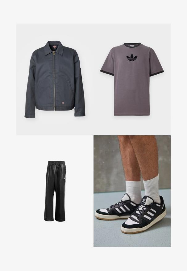 Veste gris foncé en tissu robuste. Dotée d'un col, d'une fermeture éclair à l'avant, de poches latérales et d'un petit logo sur le bas de l'avant. Texture lisse.; T-shirt en coton gris avec un col rond côtelé noir et des manches courtes, orné d'un logo Adidas noir sur la poitrine.; Pantalons de sport synthétiques noirs avec une taille élastique, dotés de rayures blanches sur les côtés et d'un petit logo blanc sur la hanche gauche.; Baskets noir et blanc avec une tige en suède et cuir, comportant trois rayures blanches, un bout perforé et une semelle en caoutchouc gum.