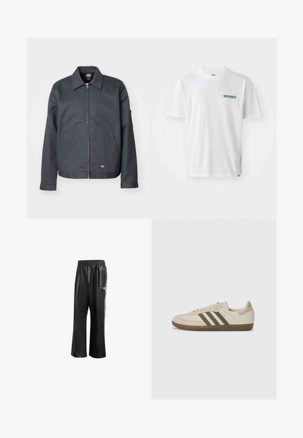 Mørkegrå jakke lavet af robust stof. Har en krave, frontlynlås, sidelommer og et lille logo nederst foran. Glat tekstur.; Hvid bomulds T-shirt med korte ærmer, prydet med et grønt "DICKIES ON THE ROAD AGAIN" logo på venstre bryst. Standard crew neck design.; Sorte syntetiske træningsbukser med elastisk talje, prydet med hvide side-striber og et lille hvidt logo på venstre hofte.; adidas Originals SAMBA OG UNISEX - Sneakers - alumina/medium dark khaki/gum