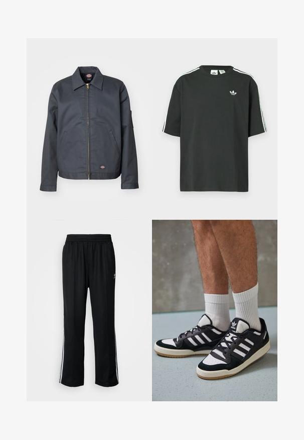 Donkergrijze jas gemaakt van stevig materiaal. Heeft een kraag, een ritssluiting aan de voorkant, zijzakken en een klein logo aan de onderkant van de voorkant. Soepele textuur.; Zwart katoenen T-shirt met korte mouwen, ronde hals en witte drie-strepen details op de schouders. Heeft een klein wit logo op de borst.; Zwarte sportbroeken met een elastische tailleband, voorzien van witte zijkanten en een klein logo. Het materiaal lijkt zacht en lichtgewicht te zijn.; Zwart-witte sneakers met een bovenwerk van suede en leer, voorzien van drie witte strepen, een geperforeerde neus en een rubberen gumzool.