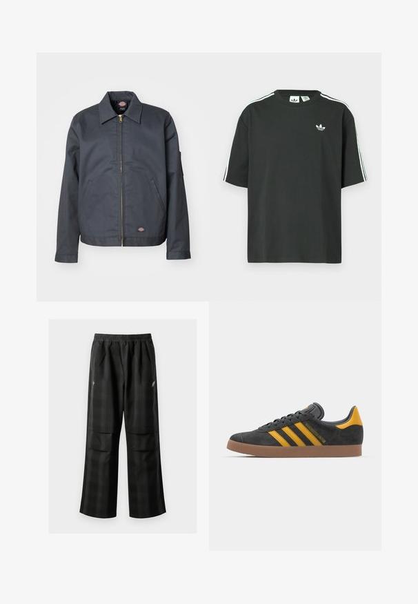 Dark gray jacket made of sturdy fabric. Features a collar, front zip, side pockets, and a small logo on the lower front. Smooth texture.; Black cotton t-shirt with short sleeves, crew neckline, and white three-stripe detailing on shoulders. Features a small white logo on chest.; Black plaid pants featuring an elastic waistband, two front pockets, and a loose fit with a straight leg design. Made from lightweight material.; Black suede sneaker with yellow accents, featuring three stripes and a brown rubber sole. Includes a padded tongue for comfort.