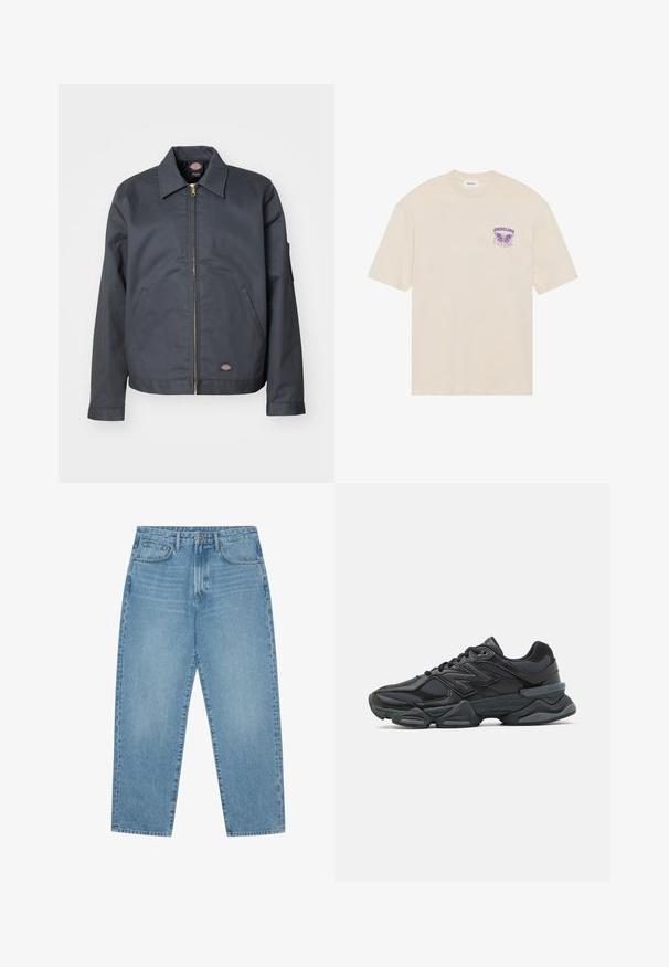 Jachetă gri închis, fabricată dintr-un material rezistent. Are guler, fermoar frontal, buzunare laterale și un logo mic în partea din față. Textură netedă.; Tricou din bumbac bej cu un grafic reprezentând o flutură mov și cuvântul "OBSCURE" pe partea stângă a pieptului, cu mâneci scurte și un decolteu rotund.; Jeans din denim albastru deschis cu croială largă și talie înaltă, având cinci buzunare, bucle pentru curea și o textură moale, ușor decolorată.; Pantofari de alergare negri, cu un amestec de plasă și materiale sintetice, talpă masivă, design curbat și branding proeminent pe lateral.