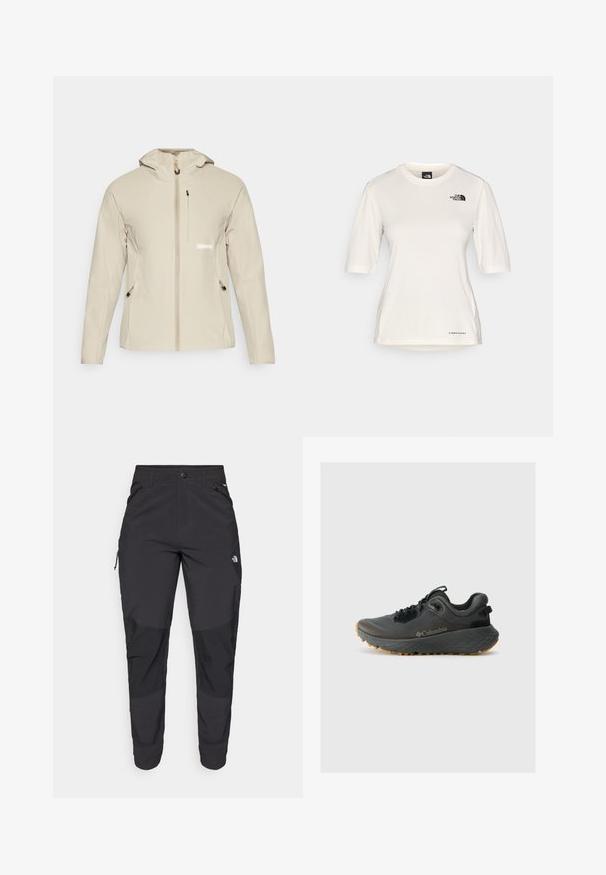 Beež jakk, millel on istuv disain, esineeluminek, reguleeritav kapuuts ja kaks küljetaskut, varustatud mustade detailide ja logo kujundusega.; The North Face SHADOW SHORT SLEEVE - Spordi T-särk - white dune; Must black välitingimustes püksid, mis on valmistatud vastupidavast kangast. Omavad lukugaTaskuid, tugevdatud põlvepaneele ja sirget lõiget liikuvuse tagamiseks.; Columbia TERRASTRIDE CRZ - Matkajalatsid - shark/black