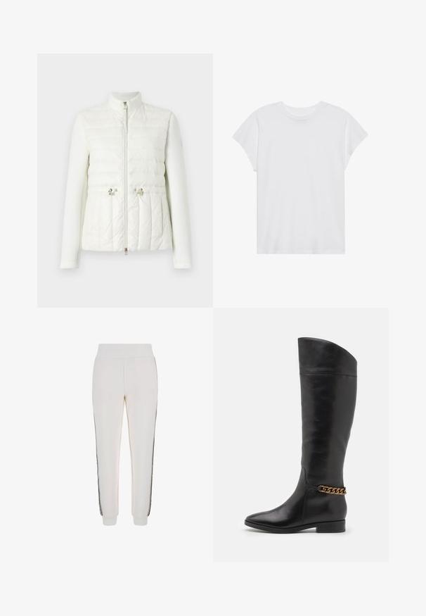 Bijela jakna s kviltanim prednjim dijelom, glatkim rukavima, visokim ovratnikom i metalnim detaljima središnjeg patentnog zatvarača.; Bijela majica kratkih rukava s okruglim izrezom, opuštenog kroja, izrađena od mekanog pamučnog materijala. Glatka tekstura, bez uzoraka ili logotipa.; Bijele jogger hlače od mekog materijala, s rebrastim pojasom i crnim bočnim prugama, te detaljem logotipa sprijeda.; Visoke crne kožne čizme s elegantnim dizajnom, šiljastim vrhom i zlatnim lančićem oko gležnja. Nizak blok potpetica. Glatka tekstura.