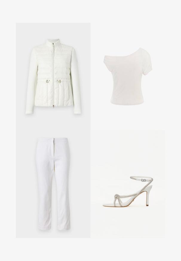 Biela bunda s prešívaným predným dielom, hladkými rukávmi, vysokým golierom a kovovými detailami s centrálnym zipsom.; Biela tričko s odhalenými ramenami vyrobené z jemného, ľahkého materiálu. Krátke rukávy, priliehavý strih a detail srolovaného lemu. Hladká textúra.; Biele bavlnené nohavice so striedmym strihom, s pásom strednej výšky a bez viditeľných kovových prvkov alebo vzorov. Hladká textúra po celom obvode.; Biele sandále na vysokom opätku s textúrovaným pásikom zdobeným kamienkami, otvorenou špičkou a popruhom okolo členka s nastaviteľnou prackou.