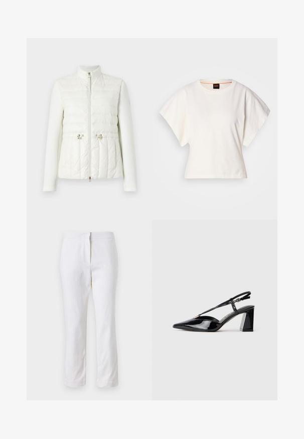 Bijela jakna s kviltanim prednjim dijelom, glatkim rukavima, visokim ovratnikom i metalnim detaljima središnjeg patentnog zatvarača.; Bijeli skraćeni T-shirt, široke kratke rukave, mekani pamučni materijal, okrugli izrez s suptilnim narančastim detaljem, minimalistički dizajn, bez uzoraka ili grafika.; Bijele pamučne hlače ravnog kroja, sa strukom srednje visine i bez vidljivih metalnih dijelova ili uzoraka. Glatka tekstura kroz cijelu dužinu.; Crne lakirane kožne cipele s otvorenom petom, visoke potpetice, šiljastog prsta, podesivom trakom i debelim pravokutnim potplatom.