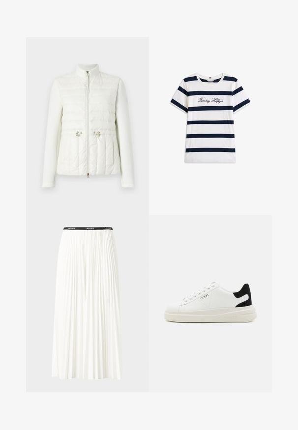 Bela jakna z odebeljenim sprednjim delom, gladkimi rokavi, visokim ovratnikom in kovinskimi dodatki ter centralnim zadrgo.; Bombažna majica s horizontalnimi mornarsko modrimi črtami na belem ozadju. "Tommy Hilfiger" izvezeno v kurzivni pisavi na prsih. Okrugli izrez.; Gubasta bela krila z črnim elastičnim pasom, ki nosi logotip "LACOSTE". Srednje dolga zasnova z mehkobo tkanine.; Bele usnjene športne copate z debelim belim podplatom, črnimi semišnimi detajli na peti in utisnjenim logotipom na strani. Zavezovanje s šestimi luknjicami.
