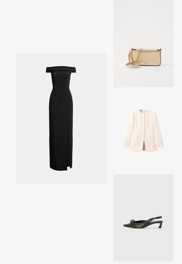 Hellbeige maßgeschneiderte Jacke mit einer figurbetonten Passform, runder Halslinie und Fronttaschen. Glattes Material mit einem minimalistischen Design.; Schwarzes, schulterfreies Midikleid, figurbetonte Silhouette, seitlicher Schlitz, glatte Textur, minimalistisches Design, ohne sichtbare Verschlüsse.; Schwarzer Leder Slingback-Schuh mit spitzer Zehenform, kleinem Absatz und dekorativem Schnallen-Detail auf dem Obermaterial. Glatte Textur, minimalistisches Design.; Metallisch goldene Leder-Clutch mit strukturierter Oberfläche, ausgestattet mit einem goldenen Kettenriemen und einem abnehmbaren Schulterriemen. Markenlogo geprägt.