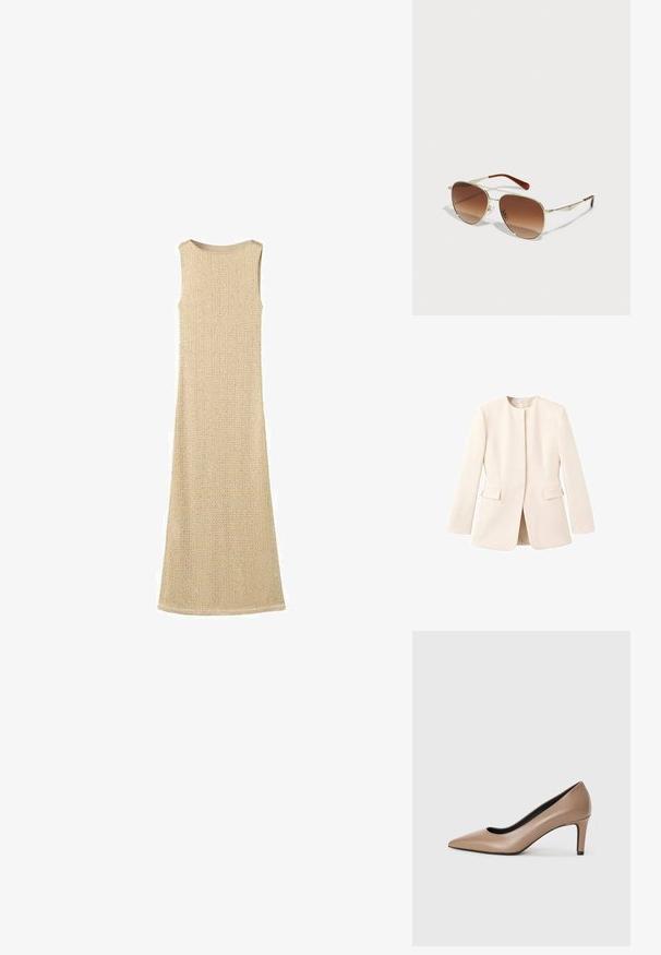 Lichtbeige op maat gemaakte jas met een getailleerd ontwerp, ronde halslijn en voordozen. Gladde stof met een minimalistische esthetiek.; Beige mouwloze jurk met een gestructureerd breipatroon, lange lengte en een gladde ronde halslijn, met een subtiel geweven ontwerp overal.; Beige leren high heels met een spitse neus en een 7 cm hoge stilettohak. Gladde textuur en een bescheiden gebogen silhouet voor een gestroomlijnde uitstraling.; Gouden metalen montuur zonnebril met verloop bruin lenzen. Heeft een unieke geometrische vorm en bruine accenten op de armen. Lichtgewicht ontwerp.; Bruine leren schoudertas met ronde randen, magnetische flapsluiting en gouden hardware. Verstelbare schouderband voor veelzijdigheid.