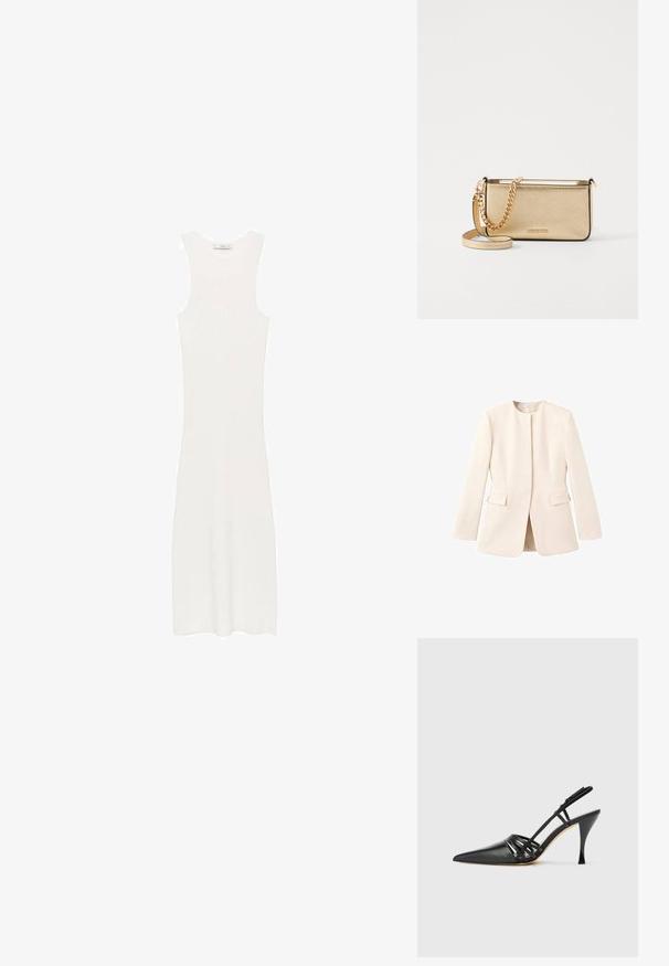 Lys beige skræddersyet jakke med en tætsiddende design, rund halsudskæring og forlommer. Glat stof med en minimal æstetik.; Hvid, ærmeløs, ribbet strikkjole med en tætsiddende silhuet, der når under knæene. Enkel og minimalistisk design uden mønstre eller hardware.; Sort læder højhælede slingback-sko med spids tå, crisscross-remdesign og slank stiletto-hæl. Glat tekstur og minimale accenter.; Metallic guldfarvet læder clutch med en tekstureret overflade, der har en guldkæde-rem og en aftagelig skulderrem. Brandlogoet er prægtigt prentet.