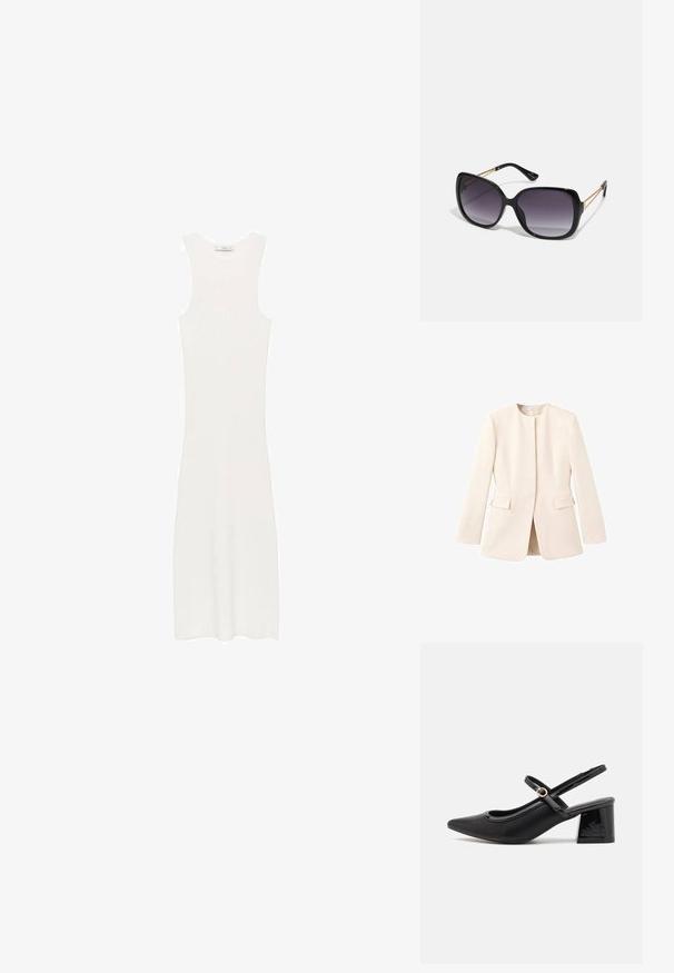 Lys beige skræddersyet jakke med en tætsiddende design, rund halsudskæring og forlommer. Glat stof med en minimal æstetik.; Hvid, ærmeløs, ribbet strikkjole med en tætsiddende silhuet, der når under knæene. Enkel og minimalistisk design uden mønstre eller hardware.; Sorte patentlæder slingback hæle med spids tå, rund udskæring og blokhæl. Har en guldtonet spændeaccents.; Sorte oversized solbriller med gradientlinser, tykke stel og guldfarvet kæde detaljer på tempelarmene.
