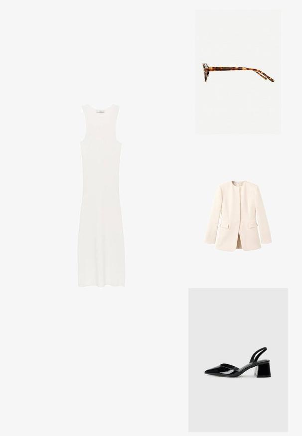Jachetă croită de culoarea bej deschis, cu un design ajustat, guler rotund și buzunare frontale. Material neted cu un estetism minimalist.; Rochie albă, fără mâneci, din tricot cu model în relief, cu o siluetă ajustată, care ajunge sub genunchi. Design simplu și minimalist, fără modele sau accesorii.; Pantofi cu toc slingback din piele lacuită neagră, cu vârf ascuțit și toc geometric. Prezintă un design elegant, minimalist și o textură netedă.; Ochelari de soare cu ramă de țestoasă, cu un cadru gros, temple ușor curbate și textură netedă. Prezintă un design clasic, cu o finisare lucioasă.