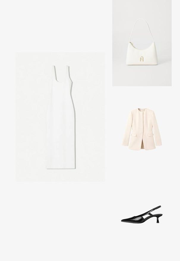 Giacca su misura beige chiaro con un design aderente, scollo rotondo e tasche frontali. Tessuto liscio con un'estetica minimalista.; Abito bianco senza maniche con scollo a barco, silhouette aderente e orlo lungo fino alla caviglia. Realizzato in tessuto liscio con un design minimalista.; Tacchi slingback in pelle verniciata nera con punta affusolata, design con tagli laterali e tacco quadrato piccolo. Texture liscia con dettagli minimi.; Borsa bianca con una forma curvata e una texture liscia. Presenta un accentuato logo dorato e una chiusura con zip. Tracolla regolabile.