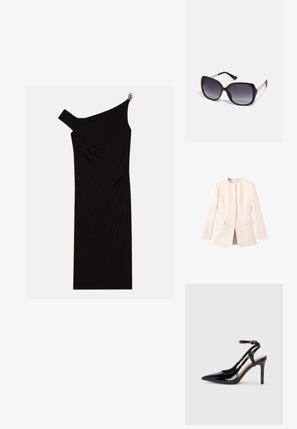 Světlý béžový sáčko se přiléhavým střihem, kulatým výstřihem a předními kapsami. Hladká látka s minimalistickým estetikou.; Černé šaty na jedno rameno vyrobené z drapovaného materiálu s zlatým akcentem na rameni, hladkou strukturou a délky do kolen.; Černé lakované kožené lodičky na vysokém podpatku s špičatou špičkou, nastavitelným páskem kolem kotníku a otevřenými stranami. Hladká textura.; Černé oversized sluneční brýle se gradientními skly, silnými rámy a zlatými řetízkovými detaily na nožičkách.