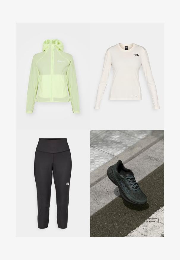 Lightweight, waterproof jacket in neon lime green. Features a full zip, adjustable hood, and smooth synthetic fabric. Logo on upper left side.; The North Face SHADOW LONG SLEEVE - Long sleeved top - white dune; Black capri leggings made from stretchy fabric, featuring a high waistband and a small white logo on the left side. Smooth texture.; Black running shoe with mesh upper, textured accents, and logo, featuring a cushioned sole and gray laces, positioned on pavement.