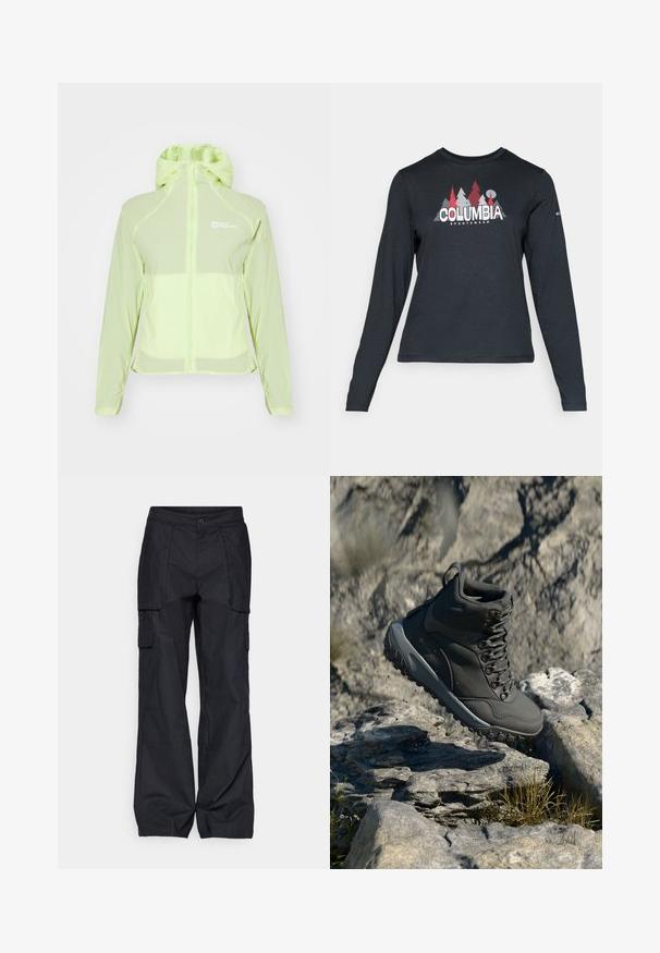 Lichte, waterdichte jas in neonlimoengroen. Voorzien van een volledige rits, verstelbare capuchon en soepel synthetisch materiaal. Logo op de bovenste linkerzijde.; Langsluitend donkergrijs shirt met lange mouwen, versierd met een grafisch ontwerp van rode bomen en bergen; het "COLUMBIA"-logo in vet witte tekst. Zacht materiaal, standaard ronde hals.; Columbia BREA FALLS™ COTTON RIPSTOP PANT - Outdoorbroeken - black; Donkergrijze wandelschoen van synthetisch materiaal, met een gewatteerde schacht, metalen veterogen en een getextureerde rubberen zool voor grip.