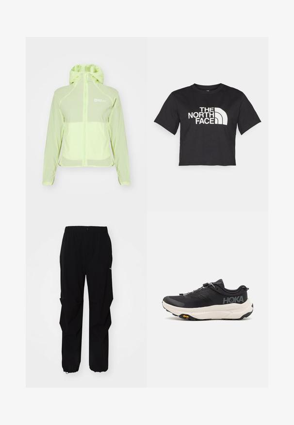 Lichte, waterdichte jas in neonlimoengroen. Voorzien van een volledige rits, verstelbare capuchon en soepel synthetisch materiaal. Logo op de bovenste linkerzijde.; Zwarte cropped t-shirt gemaakt van katoen, met een wit logo met gebogen accenten en de tekst "THE NORTH FACE" op de voorkant. Korte mouwen, ronde hals.; Zwarte outdoorbroek gemaakt van duurzaam materiaal, met een relaxte fit, elastische tailleband en een afgeknipte onderkant voor verstelbare lengte.; Zwarte sportschoenen met een ademend bovenwerk van mesh, rubberen buitenzool, witte dempende tussenzool en reflecterende veters. Vibram-logo op de buitenzool.