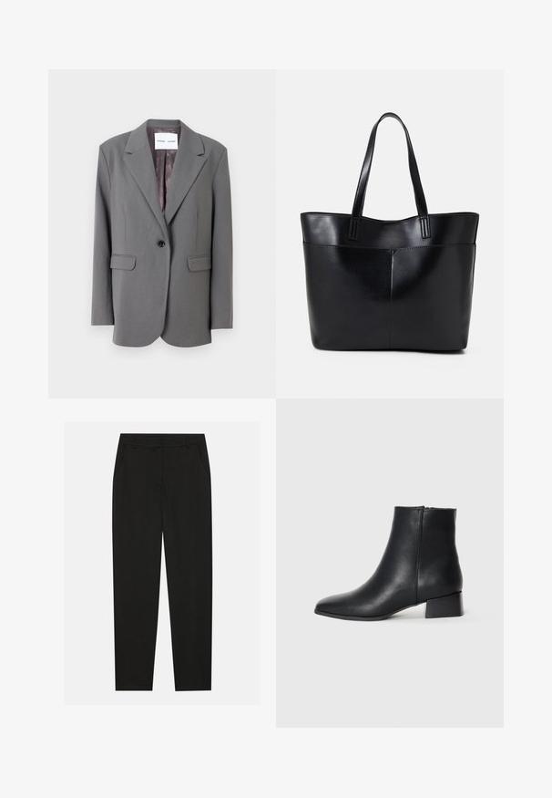 Samsøe Samsøe HAVEN - Blazer - iron gate; Svart bomull T-skjorte med rund hals, kort erme og avslappet passform. Glatt tekstur og ingen synlige mønstre eller dekorasjoner.; Sorte bukser med skreddersydd design, med sidelommer og rett ben. Laget av glatt, lett stoff med en elegant finish.; Svarte lær ankelsko med spiss tå og lav blokkhæl, med en glatt tekstur og minimalistisk design.; Svart lær toteveske med to lange håndtak, en glatt tekstur og en strukturert form. Har en frontlomme for ekstra oppbevaring.