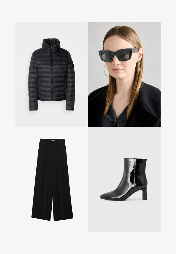 Black puffer jacket with a high collar, featuring quilted panels, a front zipper, and elastic side pockets. Lightweight and compact design.; Black knitted sweater with a high ribbed collar, relaxed fit, dropped shoulders, and ribbed hem. Soft texture, minimal design.; Black wide-leg pants featuring a textured fabric, an elastic waistband, and a detachable sash tie at the waist for adjustable fit.; Black patent leather ankle boot with a pointed toe and a mid-height block heel. Smooth texture and minimalist design.; Black cat-eye sunglasses with dark lenses, thick frames, and subtle accents. Worn with a black coat and gray top, featuring long straight hair.