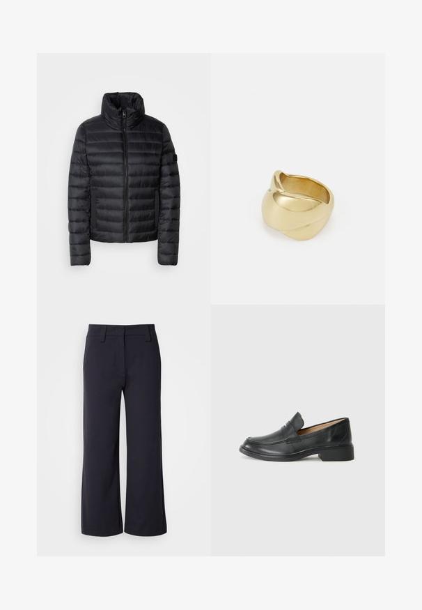 Fekete puffjakó magas gallérral, steppelt panelek, elülső cipzár és rugalmas oldalsó zsebek jellemzik. Könnyű és kompakt kivitel.; Fehér, rövidített pulóver puha, texturált anyagból. Kerek nyakkivágással és bordázott mandzsettákkal, varrás nélküli raglán ujjakkal.; Sötét navy színű, bő szárú nadrág. Lapos elülső rész, övhurkok és oldalsó zsebek jellemzik. Az anyag sima, enyhe rugalmassággal rendelkezik.; Fekete bőr loaferek alacsony sarokkal, varrott mintával és slip-on stílussal, sima fehér háttér előtt.; Aranyszínű gyűrű sima, csavarodott mintával. Polírozott felülettel és lekerekített élekkel rendelkezik, ami zökkenőmentes, folyékony formát kölcsönöz neki.