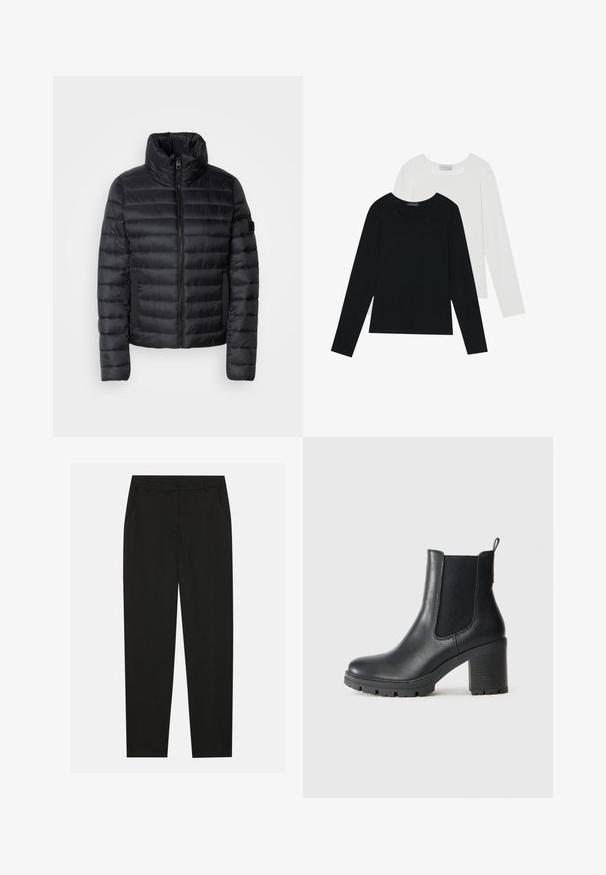 Svart pufferjacka med hög krage, som har kviltade paneler, en dragkedja fram och elastiska sidofickor. Lätt och kompakt design.; Två långärmade toppar, en svart och en vit, båda med fyrkantig halsringning och tillverkade av mjukt, stretchigt tyg.; Svarta byxor med skräddarsydd design, med sidofickor och raka ben. Tillverkade av ett mjukt, lätt tyg med en stilren finish.; Svarta läderankelstövlar med elastiska sidopaneler, chunky gummisula och hög blockklack. Har en dragflik på bakdelen.