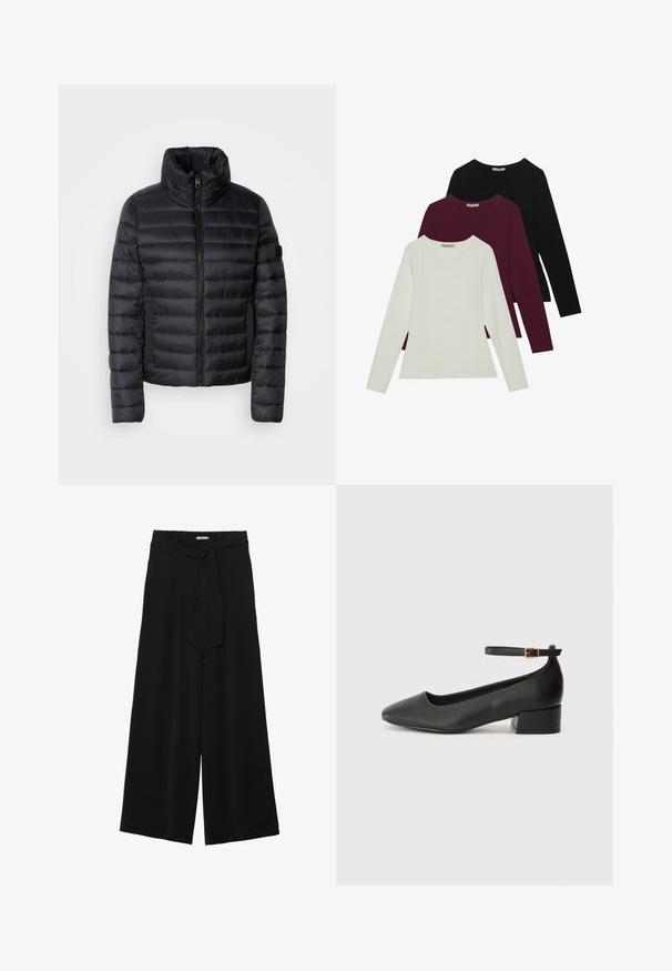 Juodas pūkinis švarkas su aukšta apykakle, siuvinėtais skydeliais, priekinėmis užtrauktukais ir elastingomis šoninėmis kišenėmis. Lengvas ir kompaktiškas dizainas.; Ilgomis rankovėmis marškiniai baltos, bordo ir juodos spalvos. Pagaminti iš minkštos medžiagos, su apvaliu iškirpimu ir prigludusia forma. Tinka sluoksniavimui.; Juoda plačių kojų kelnės, pagamintos iš tekstūruoto audinio, su elastingu juosmeniu ir atsegamu diržu juosmenyje, leidžiančiu reguliuoti dydį.; Juodas odinis aukštakulnis batelis su smailiu pirštu ir žemu bloku. Su kulkšnies dirželiu su auksinės spalvos sagtimi. Lygus paviršius.