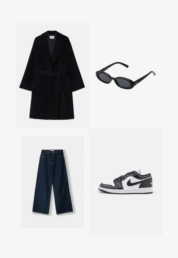 Schwarzer Wollmantel mit Schalkragen, weiten Ärmeln und passendem Gürtel. Verfügt über zwei Seitentaschen und eine glatte, strukturierte Oberfläche.; Cremfarbener Rollkragenpullover aus weichem Strickstoff. Merkmale sind gerippte Bündchen und Saum, entspannter Schnitt und überschnittene Schultern.; Dunkelblaue, weit geschnittene Jeans aus Denim. Verfügt über fünf Taschen, einen Knopf- und Reißverschluss sowie Kontrastnähte.; Schwarz-weiße Nike Low-Top-Sneaker verfügen über ein glattes Leder-Obermaterial, eine runde Zehenpartie, eine Schnürung und eine gemusterte Gummisohle.; Schwarze, oversized Sonnenbrillen mit ovalen Gläsern, glattem Kunststoffrahmen und goldenen Akzenten an den Bügeln. Die dunklen Gläser bieten Sonnenschutz.; Dunkelbraune Wildleder-Umhängetasche mit verstellbarem Riemen, goldfarbenen Beschlägen und großem vorderem Überschlagverschluss.