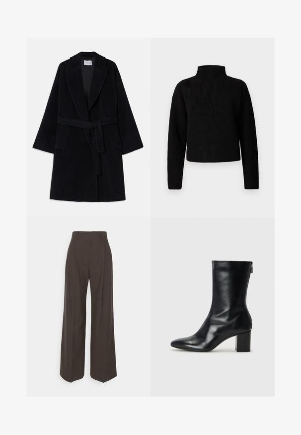 Black wool coat with a shawl collar, wide sleeves, and a matching belt. Features two side pockets and a smooth, textured finish.; Black ribbed turtleneck sweater with long sleeves and a cropped design. Texture appears thick and knitted, with no visible patterns or embellishments.; Dark brown wide-leg trousers with a high waist, featuring neatly pressed creases, smooth texture, and a tailored fit.; Black leather ankle boot with a pointed toe and 4 cm block heel. Sleek design features a side zipper for easy wear. Smooth texture.