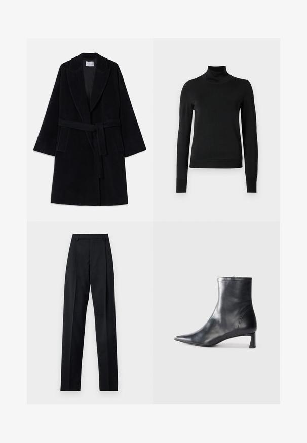 Abrigo de lana negro con cuello de chal, mangas anchas y un cinturón a juego. Presenta dos bolsillos laterales y un acabado suave y texturizado.; Suéter negro de manga larga con cuello de tortuga, con puños y dobladillo acanalados, exhibido sobre un fondo blanco liso.; Pantalones negros de tela suave con cintura alta, piernas amplias, pliegues frontales y lazos de cinturón clásicos. No hay bolsillos laterales visibles.; Botín de cuero negro hasta el tobillo con punta afilada y un diseño elegante. Presenta un tacón bajo y un cierre con cremallera en la parte trasera. Textura suave.