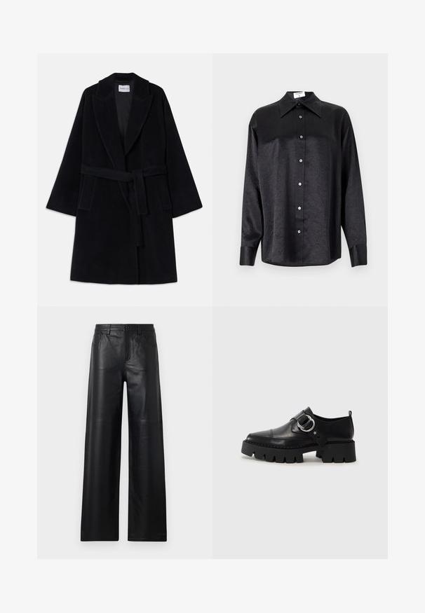 Palton negru din lână cu guler tip șal, mâneci ample și o curea asortată. Dispune de două buzunare laterale și un finisaj neted, texturat.; Cămașă neagră cu mânecă lungă, cu guler, cu o textură șifonată, cu nasturi pe toată lungimea și manșete. Fabricată dintr-un material neted.; Pantaloni din piele neagră cu picioare largi, având o textură netedă, cu buzunare frontale, sistem de închidere cu buton și detalii de cusătură subtile.; Pantofi din piele neagră cu o talpă groasă, nervurată, având un accent circular din metalargintiu și un detaliu minim de cusătură.