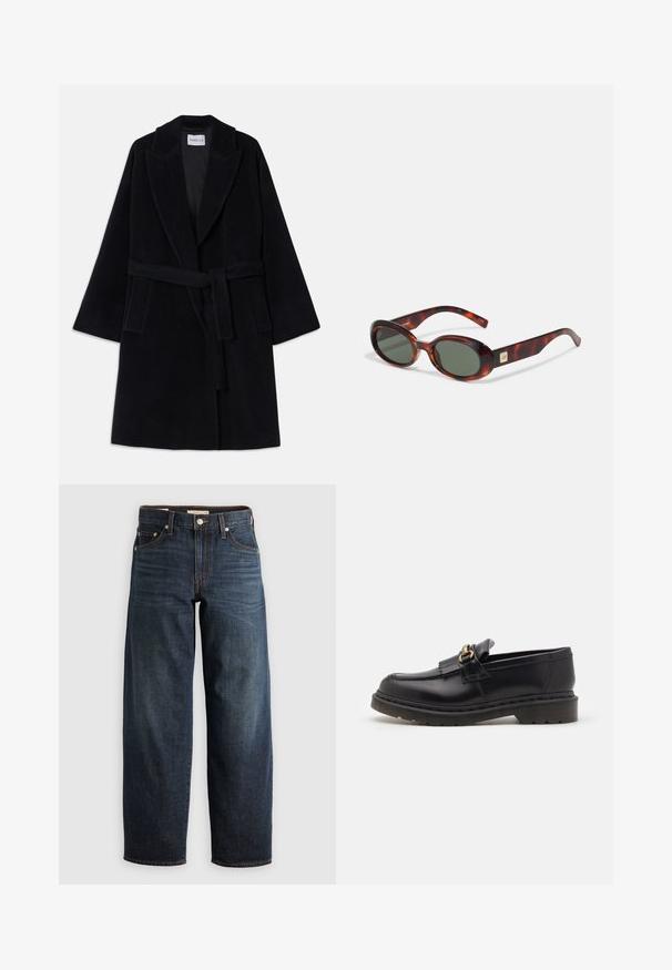 Černý vlněný kabát s šálovým límcem, širokými rukávy a odpovídajícím páskem. Obsahuje dvě postranní kapsy a hladký, texturovaný povrch.; Bílá bavlněná tričko s krátkým rukávem a kulatým výstřihem. Má uvolněný střih a minimalistický design bez vzorů nebo akcentů.; Tmavě modré džíny z denimu, rovného střihu, s pěti kapsami, tónovaným prošitím a zapínáním na knoflík.; Černé kožené mokasíny s kulatou špičkou, dekorativním třásněním a zlatými detaily. Silná gumová podešev pro lepší trakci a odolnost.; Sluneční brýle ve stylu želvoviny s tmavými skly, oválným tvarem a širokými obrubami. Na boční straně je malý zlatý akcent. Hladký plastový materiál.