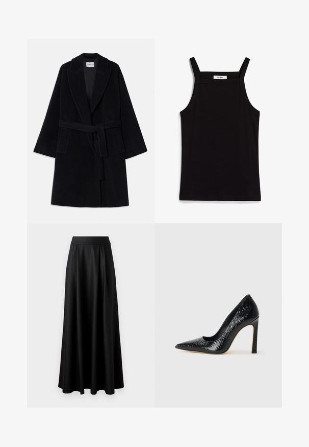 Čierny vlnený kabát s šálovým golierom, širokými rukávmi a zodpovedajúcim opaskom. Má dve bočné vrecká a hladký, textúrovaný povrch.; Čierny tielko s tenkými ramienkami, vyrobené z rebrovanej tkaniny, s rovnými okrajmi a označením na výstrihu s nápisom "IVY OAK."; Čierna sukňa až po zem s hladkou textúrou, širokým pásom a plisovaným dizajnom, bez viditeľných vzorov alebo ozdôb.; Čierna lodička s špicatou špičkou a lakovanou textúrou krokodíla, s elegantným dizajnom, vysokým stiletto podpätkom a hladkým čiernym interiérom.