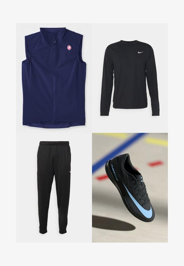 Mörkblå ärmlös väst i stretchmaterial, med dragkedja framtill och hög krage; inkluderar en logotyp på övre vänstra sidan.; Svart långärmad tröja i slätt tyg, med rund halsringning och en liten vit Nike-logga på övre vänstra bröstet.; Svarta träningsbyxor i slät tyg, med elastisk midja, avsmalnande ben och en liten vit logotyp på vänster sida.; Svarta atletiska skor med blåa accenter, strukturerad yta, snörningsdesign och distinkt Nike-logotyp. Gummisula med greppmönster.