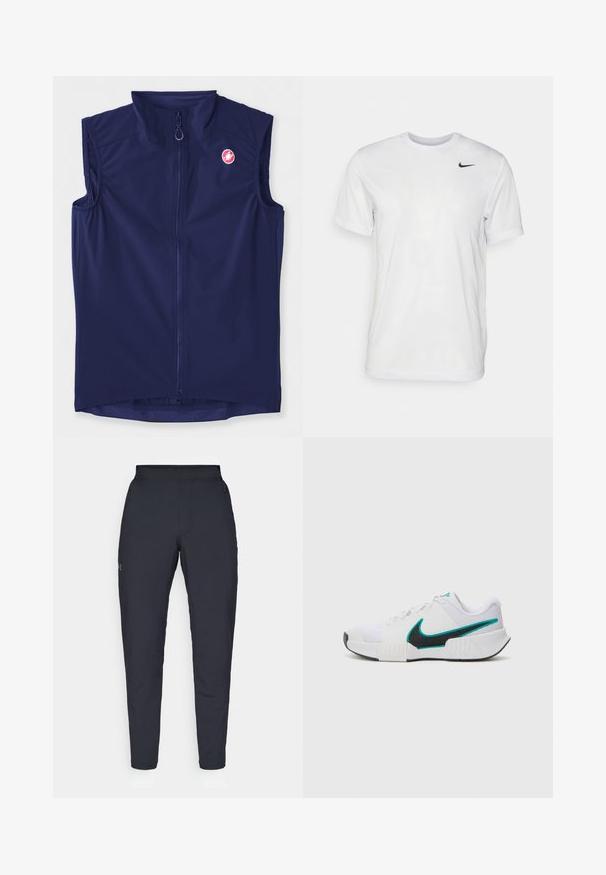 Mornarsko modra brezrokavnik iz elastičnega materiala, z zadrgo spredaj in visokim ovratnikom; vključuje logo na zgornji levi strani.; Bela kratka majica s kratkimi rokavi, izdelana iz gladkega materiala. Ima okroglo ovratnico in majhen črn Nike logotip na levi prsni strani.; Črne atletske hlače z gladko teksturo, ožjega kroja, elastičnim pasom in stranskimi žepi. Imajo majhen logotip na levem stegnu.; Bela športna copata z teksturiranim mrežastim zgornjim delom, črnimi gumijastimi podplati in teal Nike simbolom kot poudarkom. Ima vezalke in oblazinjen ovratnik.