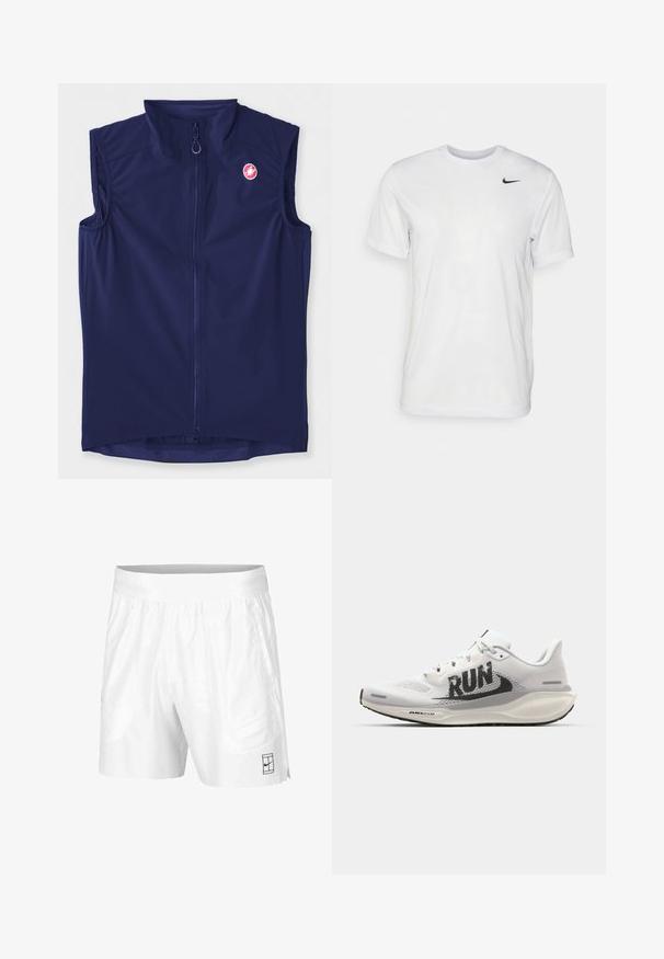 Námornícky modrá bezrukávová vesta vyrobená z elastického materiálu, s predným zipsom a vysokým golierom; obsahuje logo na hornej ľavej strane.; Biela krátka tričko s krátkymi rukávmi vyrobené z hladkej látky. Má okrúhly výstrih a malé čierne logo Nike na ľavej hrudi.; Biele športové šortky z ľahkej tkaniny s elastickým pásom, obsahujúce dve bočné vrecká a malé čierne logo na leme.; Biele bežecké topánky s vrchnou časťou z sieťoviny, veľkým čiernym grafickým nápisom "RUN", svetlošedými akcentmi a polstrovanou podrážkou s brandingom "AIR 200M".