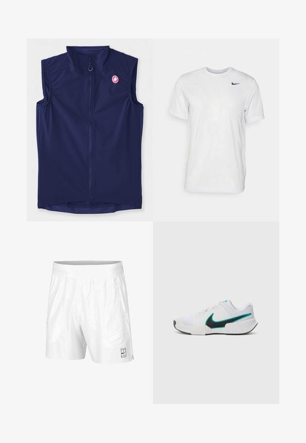 Jūros mėlynumo be rankovių liemenė, pagaminta iš tamprios medžiagos, su priekiu užtrauktuku ir aukštu apykaklė; ant viršutinio kairiojo šono yra logotipas.; Balta trumpa rankovėmis marškinėliai, pagaminti iš lygaus audinio. Turi apvalų kaklą ir mažą juodą Nike logotipą kairėje krūtinės pusėje.; Balti sportiniai šortai, pagaminti iš lengvos medžiagos, su elastinga juosta, su dviem šoninėmis kišenėmis ir mažu juodu logotipu ant apatinio krašto.; Balti sportiniai batai su tekstūruotu tinkliniu paviršiumi, juodu guminėmis padais ir mėlyna Nike ženklu. Yra raiščiai ir paminkštinta apykaklė.