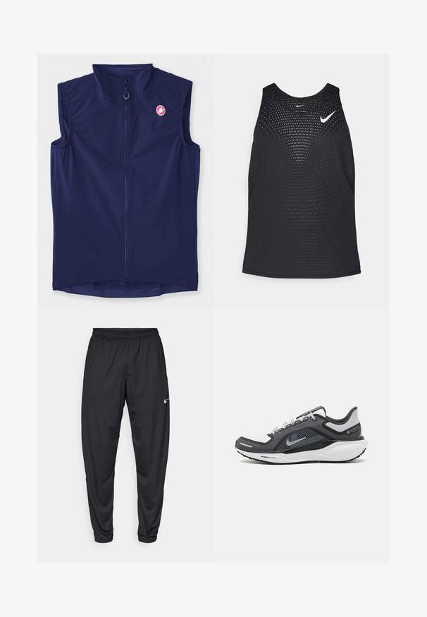 Marineblå ermeløs vest laget av elastisk stoff, med glidelås foran og høy krage; inkluderer en logo på øvre venstre side.; Sort svart treningssinglet med perforert tekstur og rund hals. Har en hvit Nike-logo på brystet.; Svarte treningbukser med elastisk midje, avsmalnende ben og en liten hvit Nike-logo på venstre lår. Glatt stoff, ingen mønstre.; Svart og grå atletisk sko med mesh-overdel, refleksdetaljer og hvit mellomsåle. Har strukturert gummisåle og lisser.
