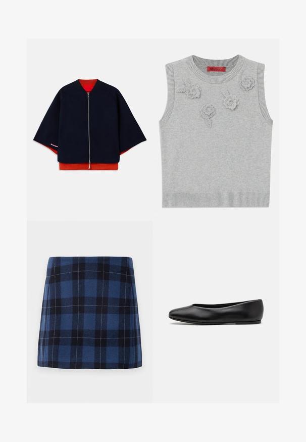 Námořnická zipová bunda s raglánovými rukávy, červenou podšívkou a kontrastním růžovým prošíváním. Měkká struktura s uvolněným, boxovitým střihem.; Svetle šedý bezrukávový svetr s ribovaným výstřihem a lemem. Na přední straně jsou tři texturované květinové aplikace. Značka: MAX&Co.; Károvaná minisukně v tmavě modré a námořnické barvě, vyrobená z měkké tkaniny s mírně strukturovaným povrchem. Má rovný střih a čisté linie.; Paul Smith TOPANGA - Klasické baleríny - black