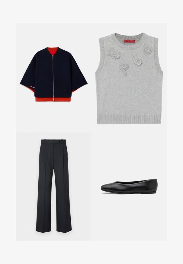 Marineblauwe zip-up jacket met raglanmouwen, rode voering en contrasterende roze stiksels. Zachte textuur met een ontspannen, boxy silhouet.; Lichtgrijze mouwloze trui met een geribbelde halslijn en zoom. Bevat drie textuurrijke bloemapplicaties op de voorkant. Merklabel: MAX&Co.; Donkerblauwe pinstriped broek met een hoge taille, wijde pijpen en zonder zichtbare hardware of versieringen. Glad textuur en nauwkeurige pasvorm.; Paul Smith TOPANGA - Ballerina's - black