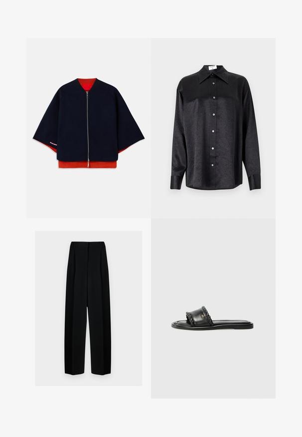 Mornarska zip-up jakna z raglan rokavi, rdečo notranjost in kontrastno roza šivanje. Mehek material z sproščenim, kvadratnim silhuetom.; Črna srajca z dolgimi rokavi in ovratnikom, ki ima gubasto teksturo, celotno zapenjanje na gumb in manšete. Izdelana iz gladkega materiala.; Črne široke hlače z visokim pasom, ki vključujejo naborke in gladko teksturo. Tkanina se zdi lahka in elegantno pada.; Črne usnjene sandale z detajlom iz tkane naramnice, ravnim podplatom in elegantnim oblikovanjem. Gladka tekstura in minimalistični profil.