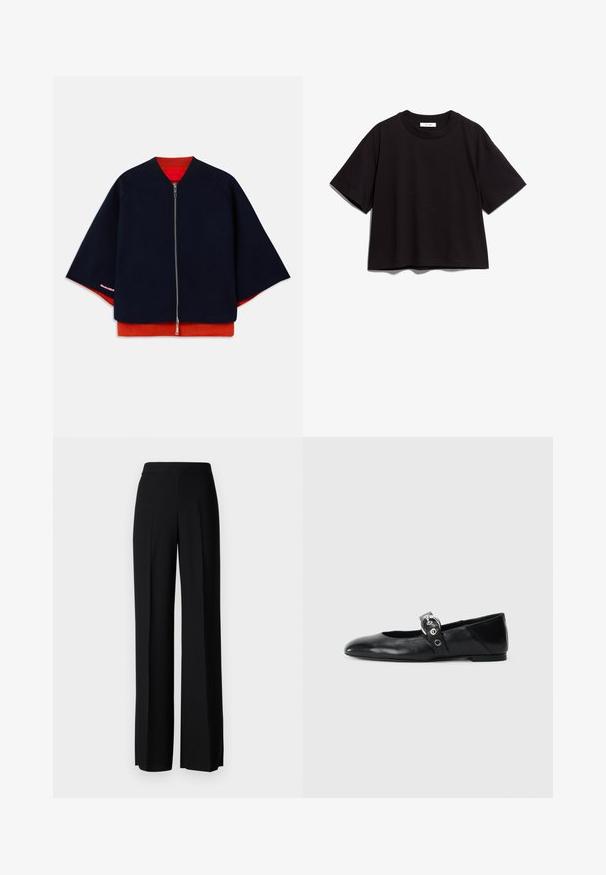 Mornarica jakna na zip s raglan rukavima, crvenim unutarnjim oblogom i kontrastnim ružičastim šavovima. Mekana tekstura s opuštenim, kutnim siluetom.; Crna pamučna kratka majica s okruglim izrezom i kratkim rukavima. Ima opuštenu kroj i jednostavan, neukrašen dizajn.; Crne široke hlače s glatkom teksturom, s visokim strukom i središnjim pregibima. Nema vidljivih uzoraka ili hardverskih detalja.; Crne kožne baletanke s špicastim nosom, s remenom s okruglom metalnom kopčom i ravnim potplatom.