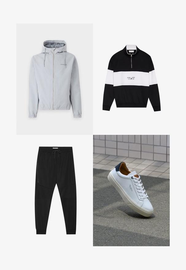 Light grey zip-up jacket with a hood, elastic cuffs, and hem. Features drawstrings and a small logo on the chest. Smooth fabric texture.; Pier One Sweatshirt - jet black; Black athletic pants made of textured fabric, featuring an adjustable waistband, zippered side pocket, and tapered cuffs.; White leather sneaker with a navy heel, round toe, and contrasting brown accents. Features flat laces and textured rubber sole.