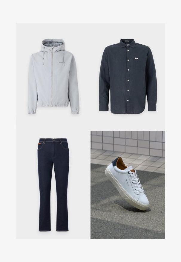 Giacca zip con cappuccio di un grigio chiaro, con polsini e orlo elasticizzati. Presenta coulisse e un piccolo logo sul petto. Tessuto morbido al tatto.; Camicia a maniche lunghe blu scuro in lino, con colletto button-down, tasca anteriore e bottoni bianchi. Logo Wrangler sulla tasca.; Jeans in denim blu scuro con taglio dritto, caratterizzati da cuciture arancioni, cinque tasche e chiusura a bottone in vita.; Sneaker bianca in pelle con tallone blu, punta rotonda e accenti marroni a contrasto. Presenta lacci piatti e suola in gomma testurizzata.