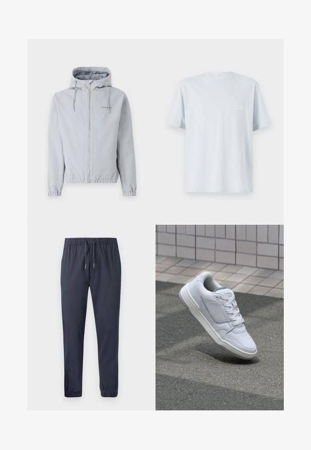 Světlá šedá zipová bunda s kapucí, elastickými manžetami a lemem. Obsahuje šňůrky a malé logo na hrudi. Hladký povrch látky.; Světle modré bavlněné tričko s kulatým výstřihem a krátkými rukávy. Obsahuje malé bílé logo na levé části hrudi. Hladká textura.; Námořnické zúžené jogger kalhoty s elastickým pasem, stahovací šňůrkou a elastickými manžetami, vyrobené z hladkého, lehkého materiálu.; Bílé kožené tenisky s perforovanými stranami, texturovanými detaily, plochými tkaničkami a kontrastní šedou patou. Mají mírně zvýšenou podrážku.