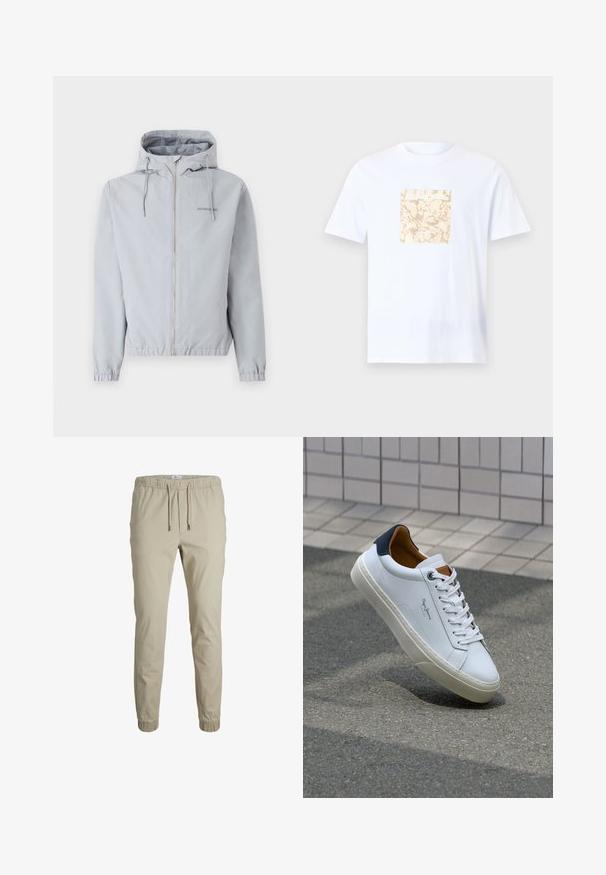 Lys grå zip-jakke med hætte, elastiske manchetter og kant. Har snoretræk og et lille logo på brystet. Glat stoftekstur.; Hvid bomulds t-shirt med et firkantet beige grafisk motiv med et tekstureret mønster i midten. Korte ærmer og rund halsudskæring.; Beige tapered joggers med elastisk talje, snøre og ankelmanchetter, lavet af blødt stof. Har en glat overflade og minimalistisk design.; Hvide lædersneakers med en marineblå hæl, rund tå og kontrasterende brune detaljer. Har flade snørebånd og en tekstureret gummisål.