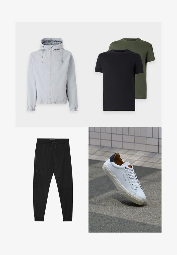 Light grey zip-up jacket with a hood, elastic cuffs, and hem. Features drawstrings and a small logo on the chest. Smooth fabric texture.; Two crew-neck t-shirts in black and olive green, made of soft cotton fabric. The design is simple with short sleeves and a straight cut.; Black athletic pants made of textured fabric, featuring an adjustable waistband, zippered side pocket, and tapered cuffs.; White leather sneaker with a navy heel, round toe, and contrasting brown accents. Features flat laces and textured rubber sole.