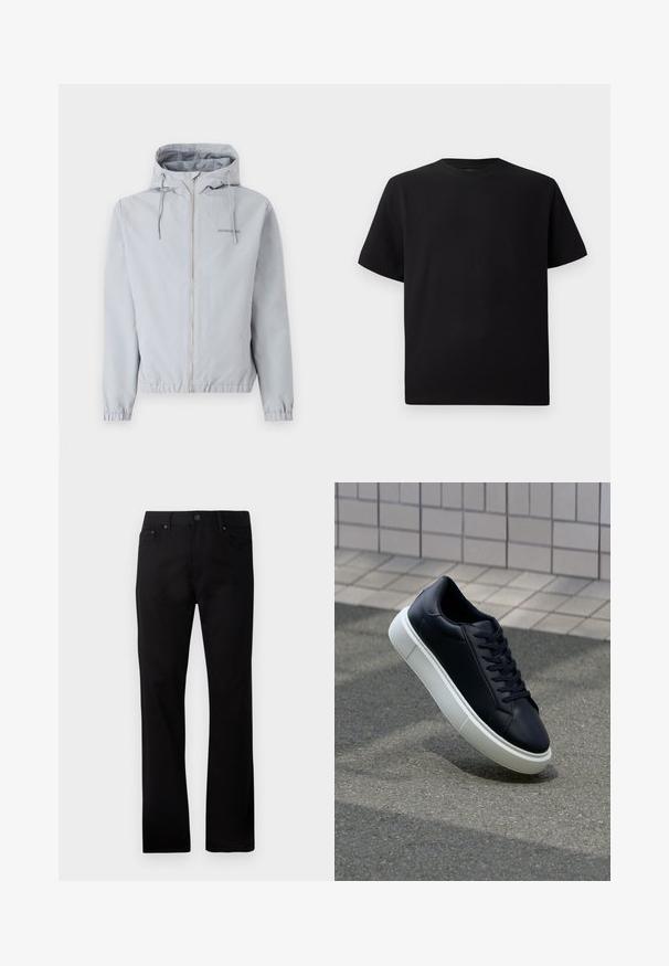 Lichtgrijze zip-up jas met capuchon, elastische manchetten en zoom. Voorzien van trekkoorden en een klein logo op de borst. Gladde stoftextuur.; Zwarte T-shirt met korte mouwen van gemerceriseerd stof, met een ronde halslijn en een relaxte pasvorm. Eenvoudig, zonder patronen of accenten.; Zwarte rechte jeans gemaakt van denim, met een voor sluiting met knoop, twee zijzakken en een gladde textuur.; Zwarte leren sneaker met een ronde neus en een witte rubberen zool. Voorzien van platte veters en minimale stiksels op het bovenwerk. Textuurrijke zool voor grip.