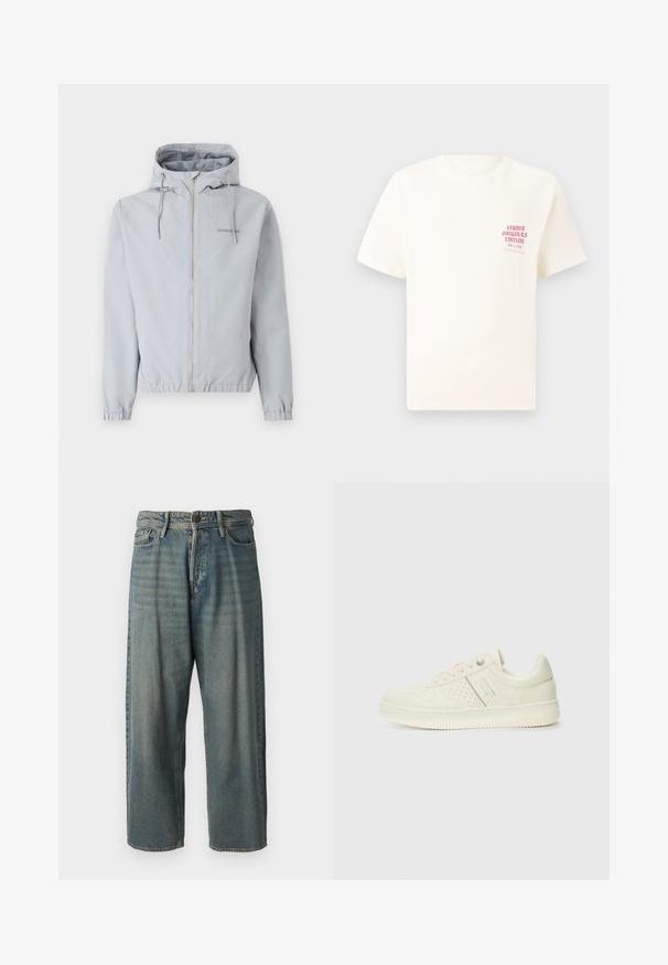 Vaatekappale vaaleanharmaa vetoketjullinen takki, jossa on huppu, joustavat hihansuut ja helma. Takissa on nyörit ja pieni logo rinnassa. Silkkinen kankaan rakenne.; Valkoinen lyhythihainen t-paita, jossa on punainen teksti "Studio Originals Edition" vasemmalla rinnalla, esitetty neutraalilla harmaalla taustalla.; Vaaleansiniset farkut, joissa on väljä istuvuus, keskikorkea vyötärö ja suorat lahkeet. Ominaisuuksiin kuuluvat viisi taskua, vyölenkit ja nappisulku.; Valkokoska sneaker, jossa on rei'itettyjä yksityiskohtia, nauhat ja logo sivussa, esillä tasaisella valkoisella taustalla.