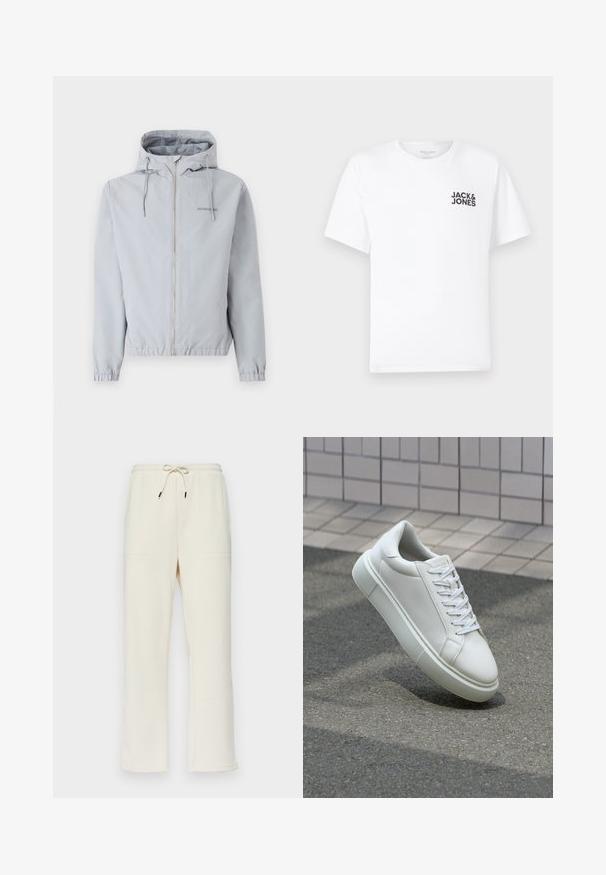 Helle graue Zip-Jacke mit Kapuze, elastischen Bündchen und Saum. Verfügt über Kordelzüge und ein kleines Logo auf der Brust. Glatte Stoffoberfläche.; Weißes Baumwoll-T-Shirt mit kurzen Ärmeln und Rundhalsausschnitt. Enthält ein schwarzes Textlogo "JACK & JONES" auf der linken Brustseite. Einfaches, schlichtes Design.; Ecrufarbene, gerippte Sweatpants mit einem Kordelzugbund, die zwei Seitentaschen und ein gerades Bein-Design aufweisen.; Weiße Leder-Sneaker mit glatter Oberfläche, runder Zehenpartie und flachen weißen Schnürsenkeln. Verfügt über eine strukturierte Gummisohle und minimalistische Designelemente.
